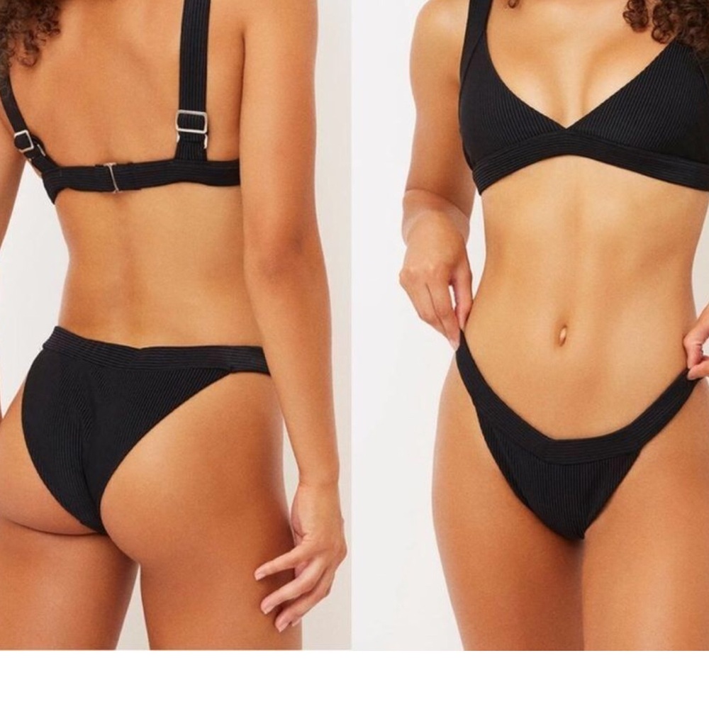 Frankies Bikinis Black Ribbed Bikini Bottom NWOT